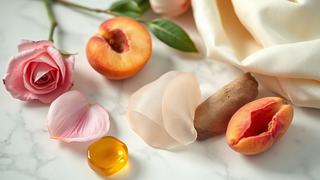 macro still life of perfume raw materials, fresh pink rose petals, ripe peach halves, a small mound of amber resin and s