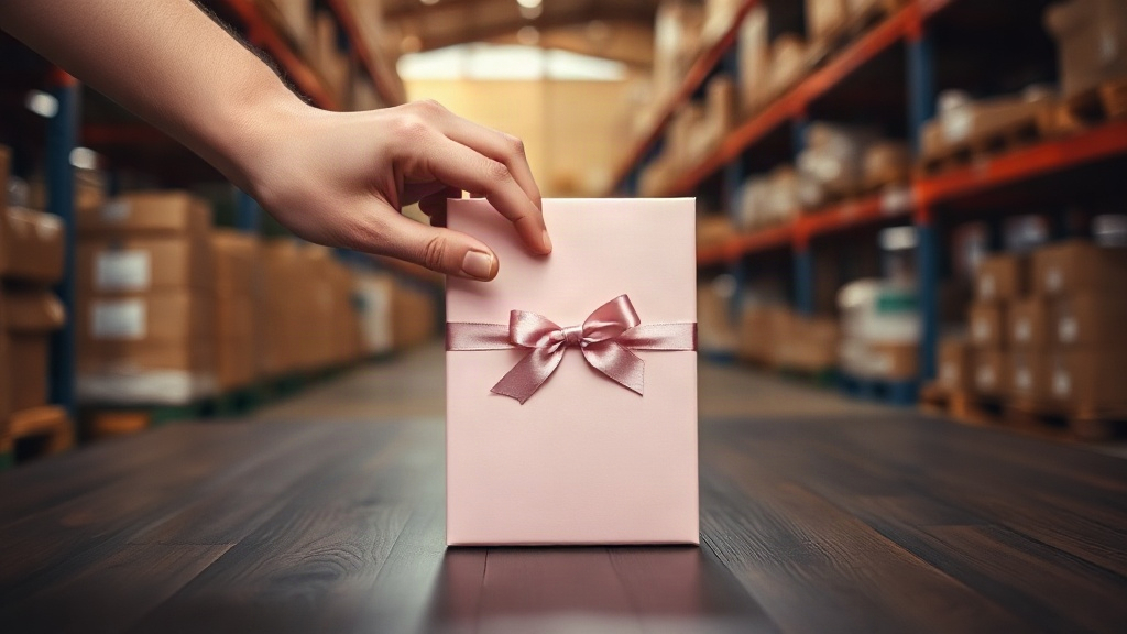 close-up of a hand opening an elegant pink perfume gift box with a satin ribbon on a dark wooden table, warehouse shelvi