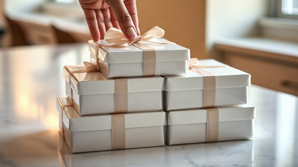 a neat stack of sealed perfume gift boxes wrapped in clear protective cellophane on a polished marble counter, a hand ca
