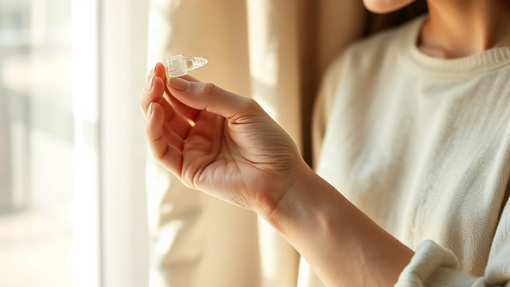 a model's forearm and wrist in soft natural window light, delicately dabbing a drop of fragrance, neutral beige lin