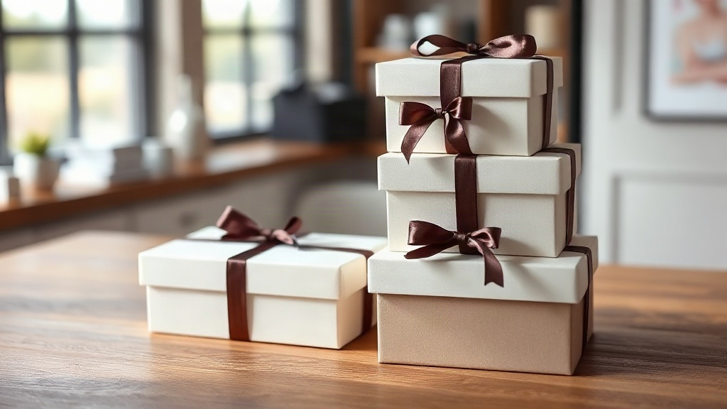 elegant perfume gift packaging boxes with ribbon stacked on a wooden display table, no bottle visible, soft studio light