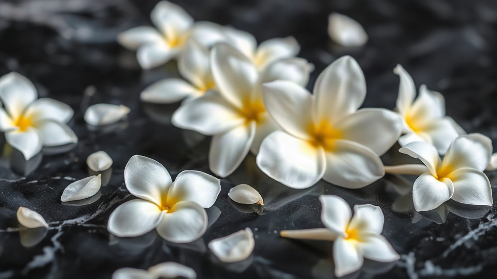 macro close-up of fresh jasmine and tuberose flowers scattered on a dark polished marble surface, soft diffused studio l