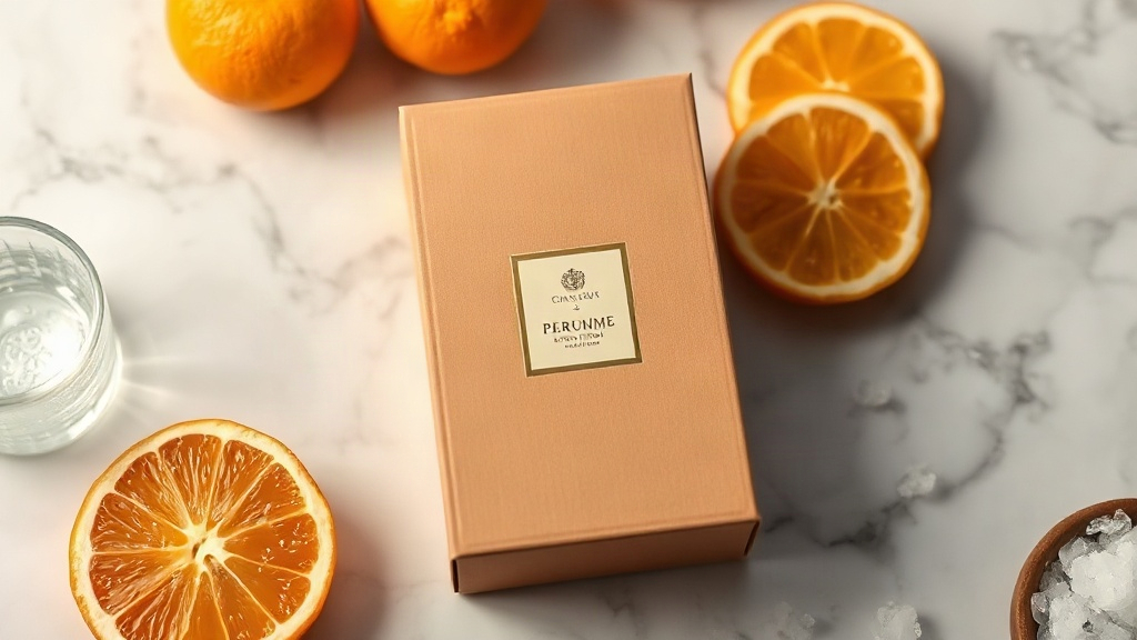 sealed elegant perfume gift carton box on a polished marble surface with citrus fruits and sea salt crystals nearby, sof