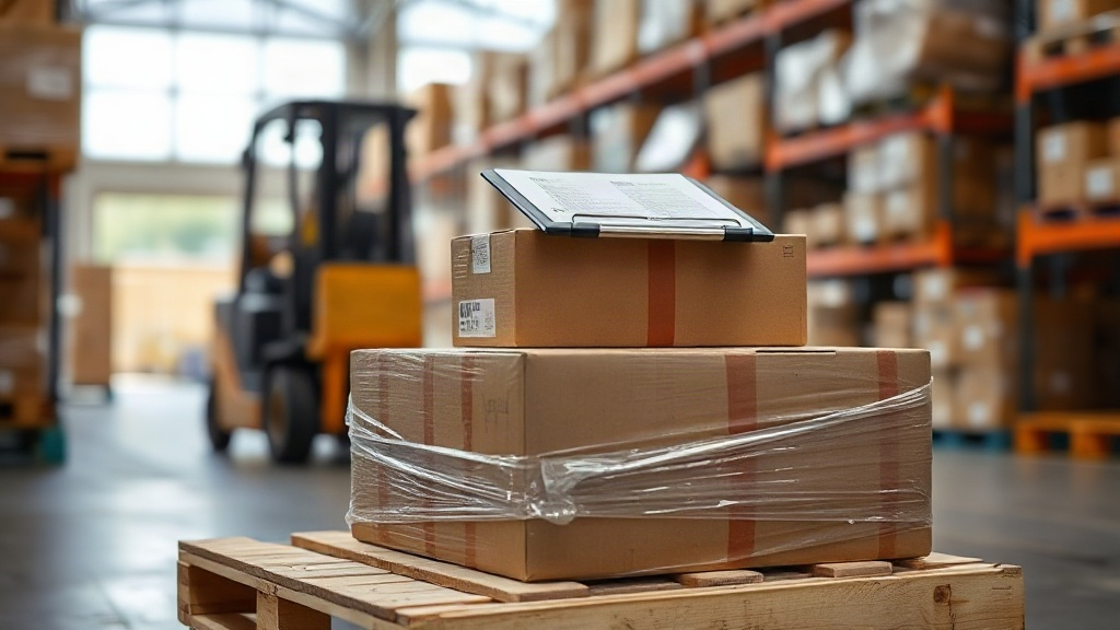 shipping cargo boxes stacked on a wooden pallet inside a logistics warehouse, wrapped in plastic film, forklift blurred 