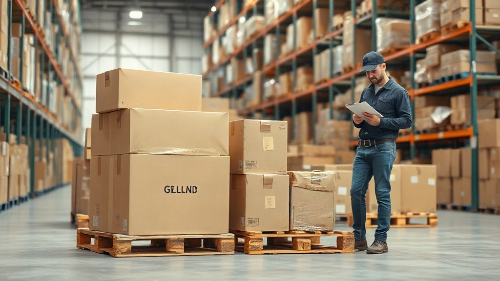 stacked brown cardboard shipping cartons on wooden pallets in a bright modern distribution warehouse, warehouse worker c