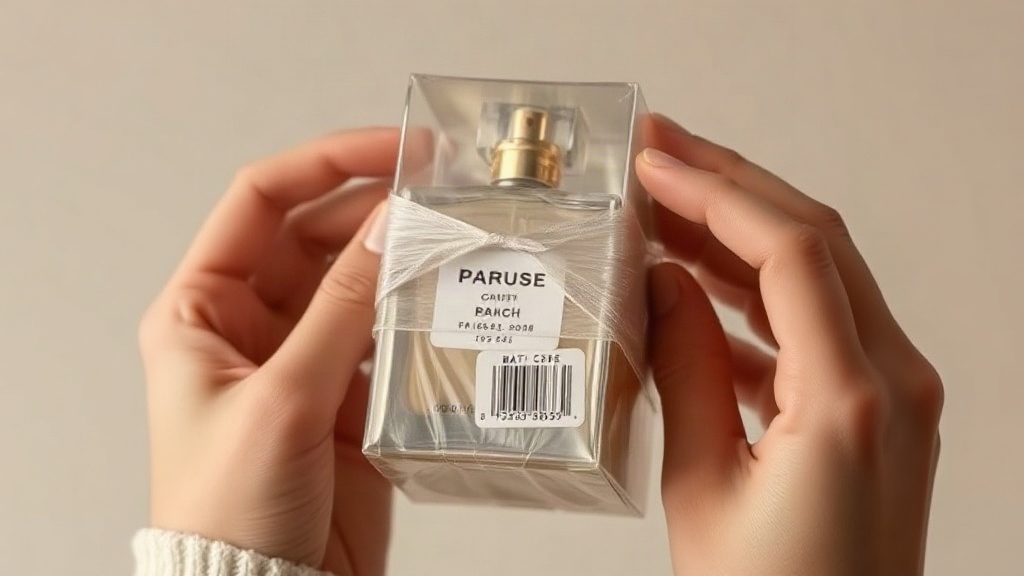 close-up macro shot of hands inspecting a sealed perfume outer box wrapped in clear cellophane with a small batch code s