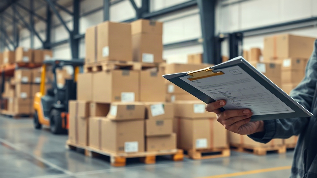 warehouse interior with cardboard shipping boxes stacked on wooden pallets, a forklift in the background, a worker'