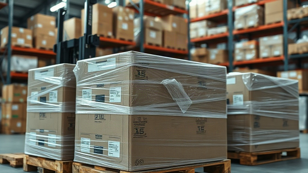 a professional warehouse distribution scene, tightly wrapped pallets of sealed cardboard cosmetic cartons under plastic 