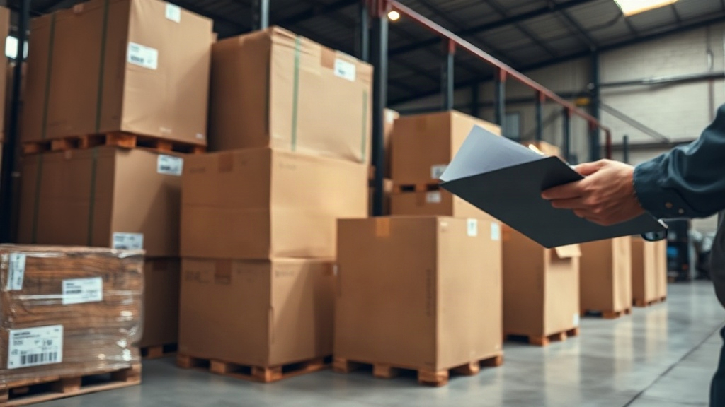 Warehouse scene with neatly stacked cardboard shipping boxes and wooden pallets, a worker's hand holding a clipboar
