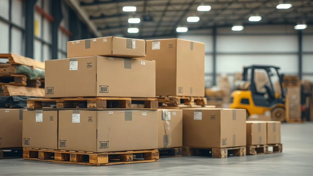 warehouse interior with wooden pallets stacked with sealed cardboard shipping boxes, a forklift in the background, indus