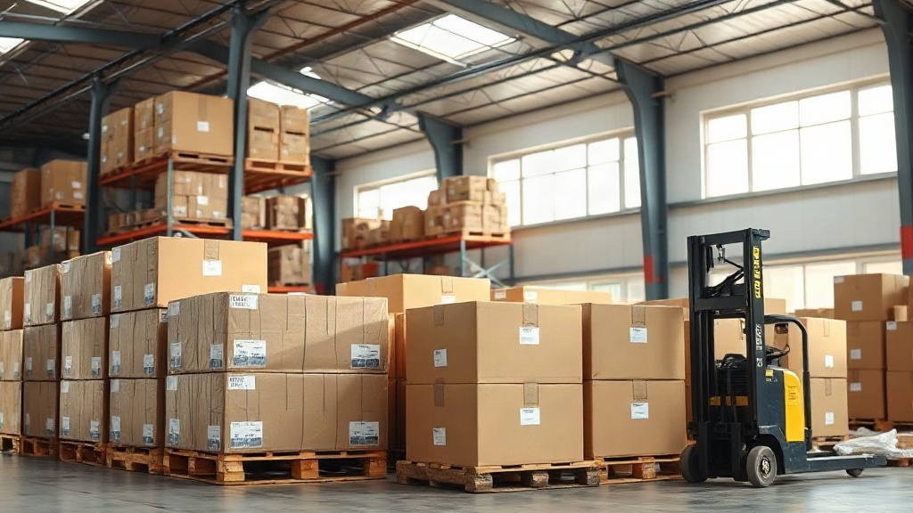 rows of sealed cardboard shipping cartons stacked on wooden pallets inside a bright logistics warehouse, a pallet jack n