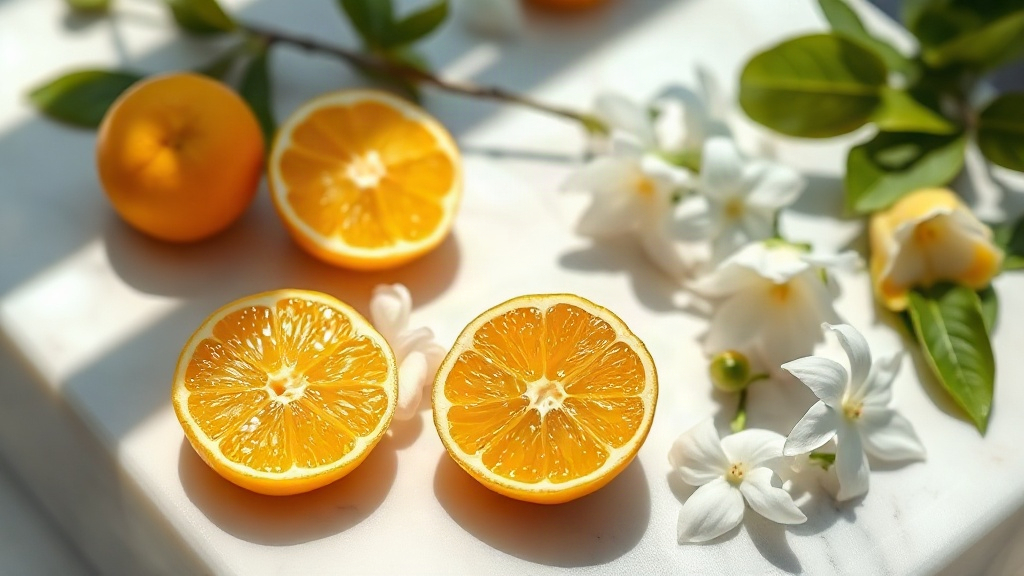 Fresh bergamot citrus fruit halves and white jasmine flowers arranged on a sunlit white marble surface, Mediterranean su