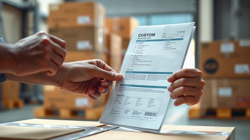 Close-up of two hands examining a customs shipping document and a sealed cardboard export carton with shipping tape, sta
