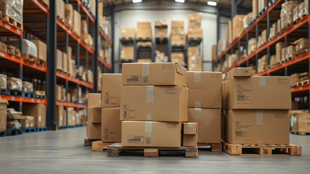 A modern warehouse interior with stacked cardboard shipping boxes on wooden pallets, industrial shelving in the backgrou