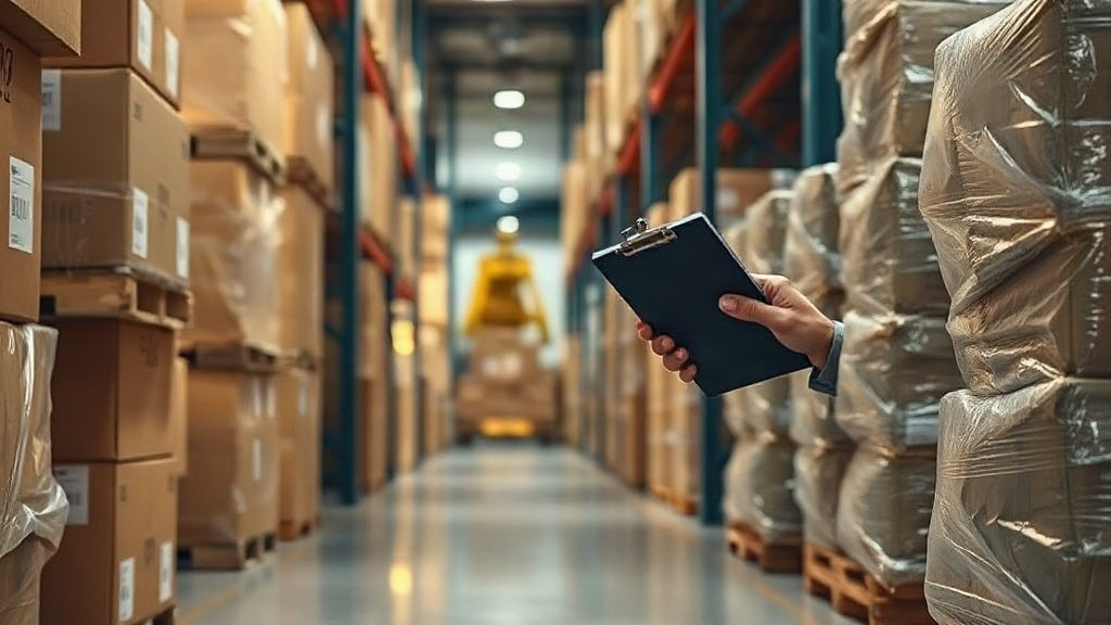 warehouse aisle with stacked cardboard shipping cartons and wrapped pallets, a worker's hand checking a clipboard i