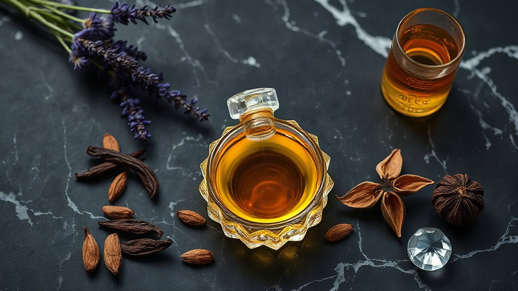 flat lay of amber-colored perfume liquid in a cut crystal dish on dark marble surface, lavender sprigs, cardamom pods, v
