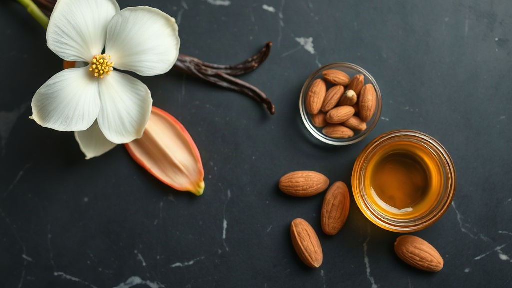 Elegant flat lay of perfume raw ingredients on a dark marble surface: fresh jasmine blossoms, a vanilla pod, tonka beans