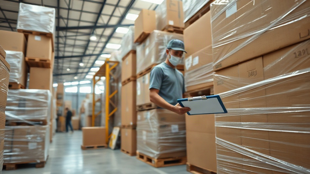 warehouse interior with stacked cardboard shipping boxes and wrapped pallets ready for dispatch, a worker's hand ch