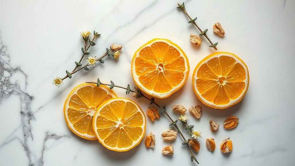 overhead close-up on a white marble surface of fresh bergamot citrus halves, blooming myrtle sprigs, and dried rockrose 