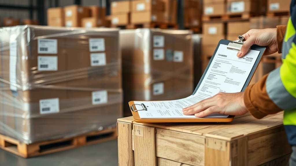 customs warehouse scene with sealed cargo pallets wrapped in stretch film, shipping labels, clipboard with documents res