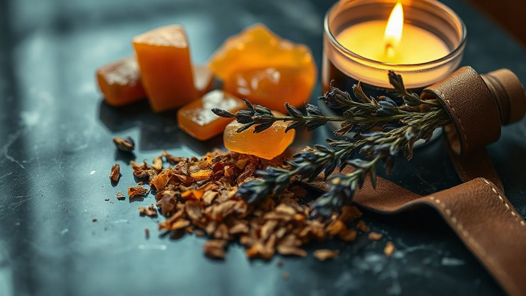 close-up of raw perfumery materials on a dark marble surface - amber resin chunks, dried lavender sprigs, a small pile o