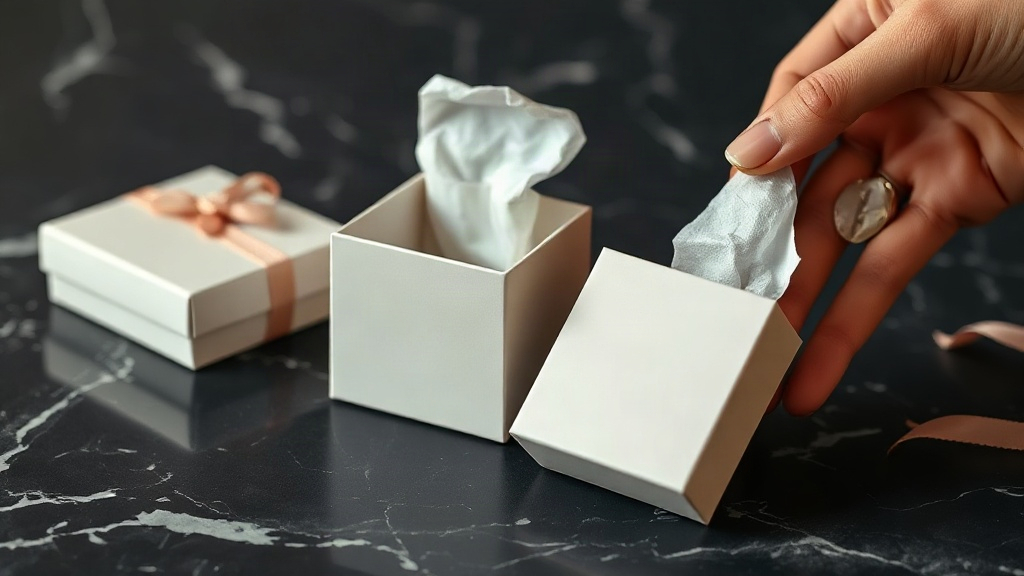 elegant perfume gift boxes neatly stacked on a dark marble surface, a hand opening one box revealing tissue paper inside