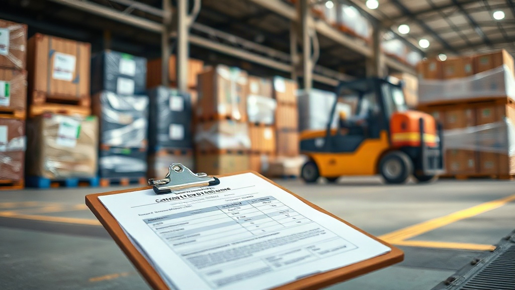 logistics warehouse dock with stacked cargo boxes and wrapped pallets, forklift in motion, customs clearance paperwork o