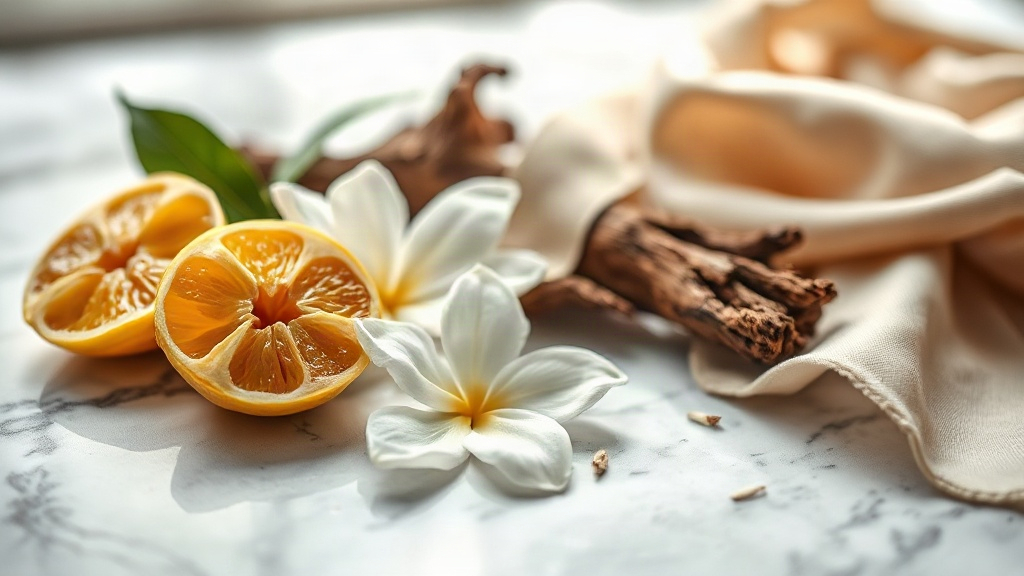 close-up still life of raw perfumery materials on a marble surface, bergamot fruit halves, fresh jasmine flowers, a piec