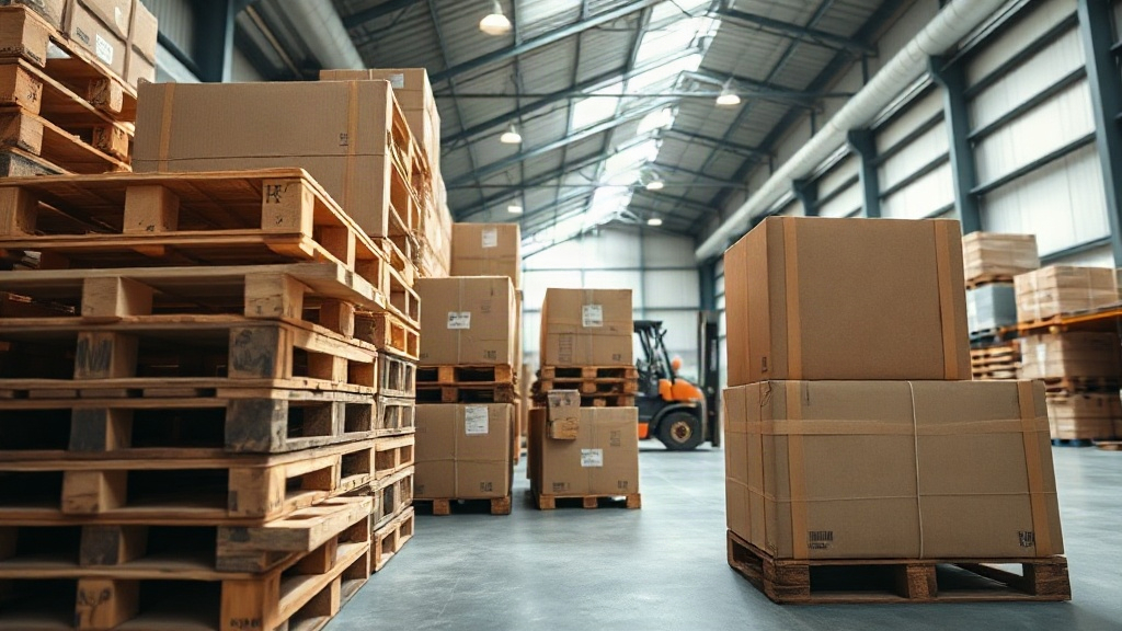 warehouse interior with stacked wooden pallets and sealed cardboard shipping cartons, forklift in the background, wide a