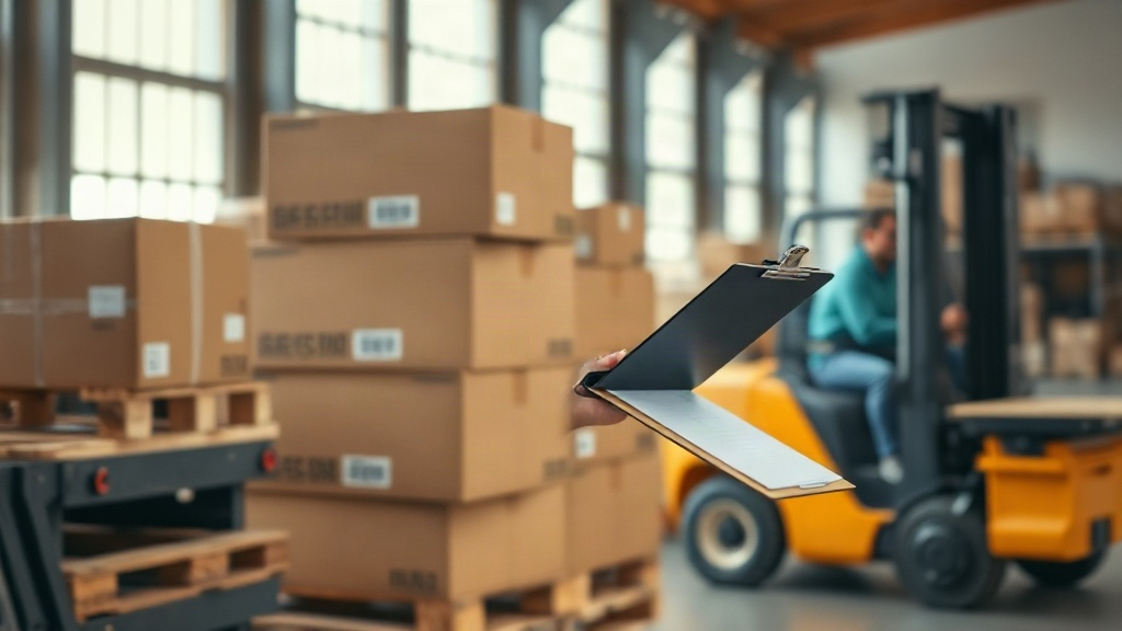 warehouse interior with stacked cardboard shipping cartons on wooden pallets, a hand checking a delivery note on a clipb