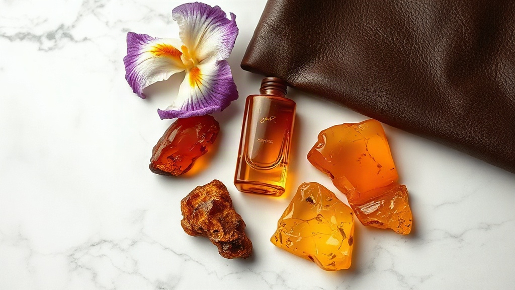 overhead still life of iris flowers, chunks of raw amber resin, and a folded swatch of dark brown leather arranged on a 