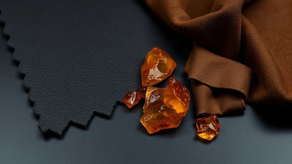 elegant flat lay of a dark leather swatch, suede fabric and amber resin chunks styled on a polished black surface like a