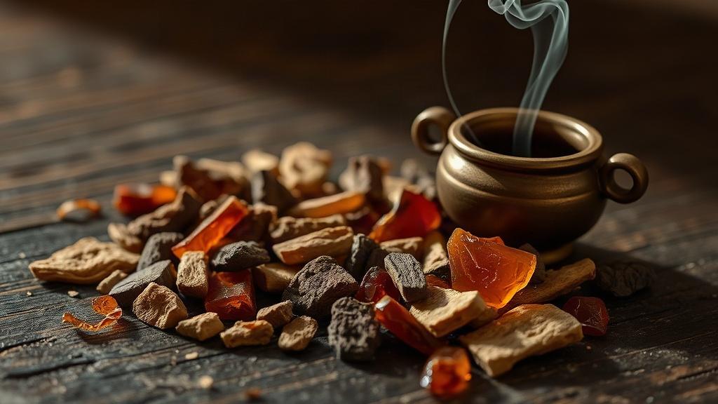 close-up still life of raw oud wood chips, dark amber resin pieces and a thin wisp of incense smoke rising from a small 