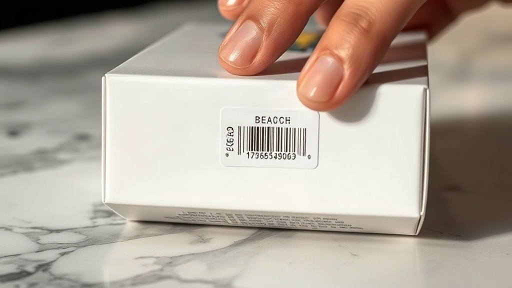 Close-up of a hand inspecting a printed batch code on a white perfume packaging box placed on a polished marble counter,