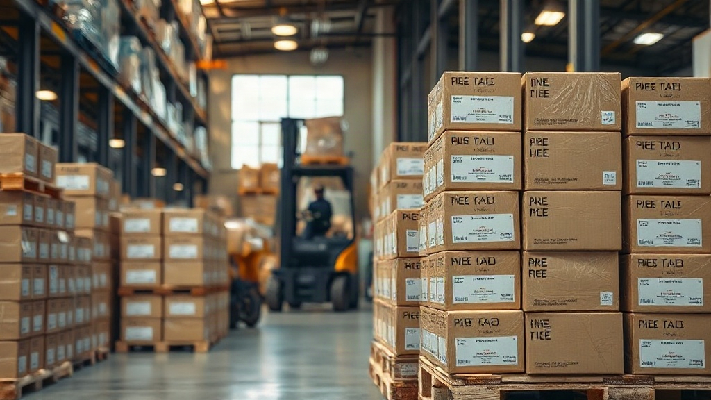 Warehouse interior with neatly stacked wooden pallets of sealed cardboard perfume boxes, forklift in soft-focus backgrou