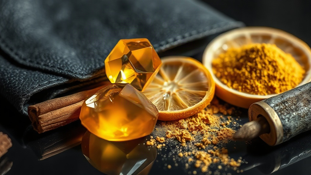 Close-up still life of perfume raw materials representing a bold modern fragrance house: faceted amber crystals, dark le
