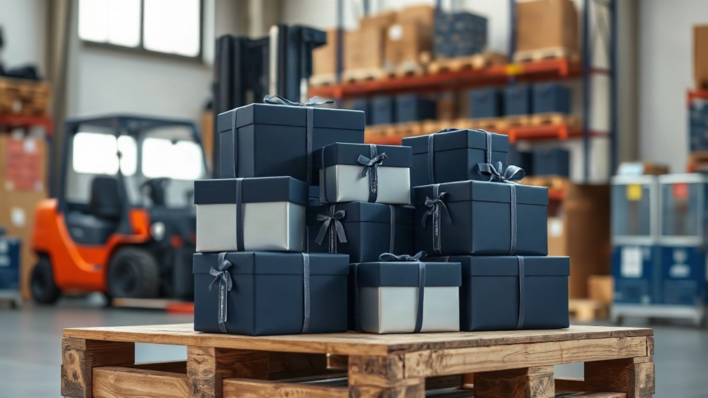 Stack of elegant closed perfume gift boxes in dark blue and silver tones arranged neatly on a wooden pallet inside a bri