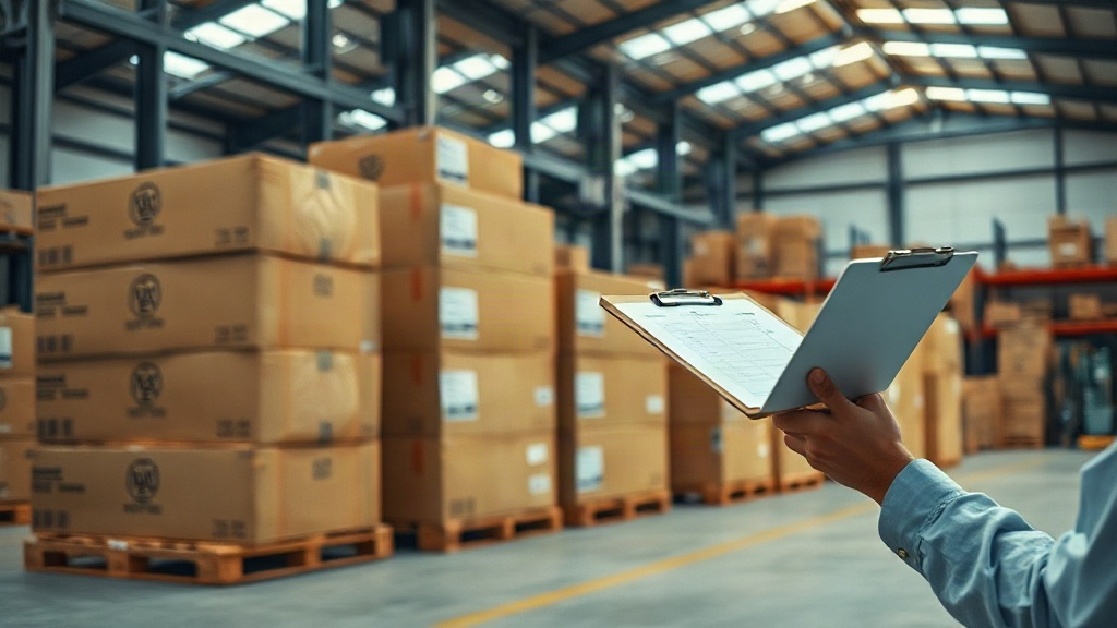 warehouse interior with stacked cardboard shipping cartons on wooden pallets, a hand holding a clipboard checking a deli