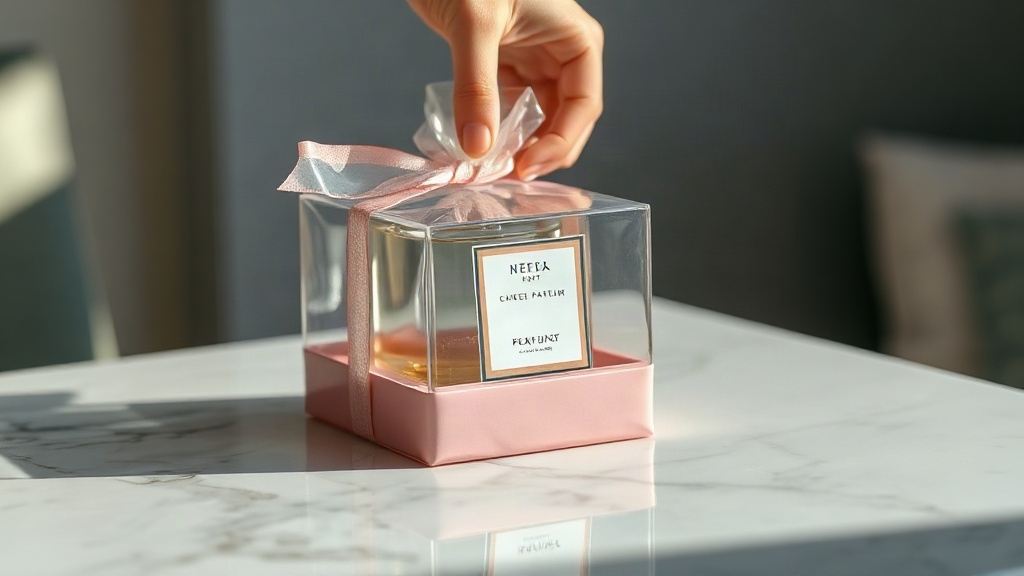 Elegant sealed perfume gift box wrapped in transparent gelatin film placed on a polished marble countertop, a hand caref