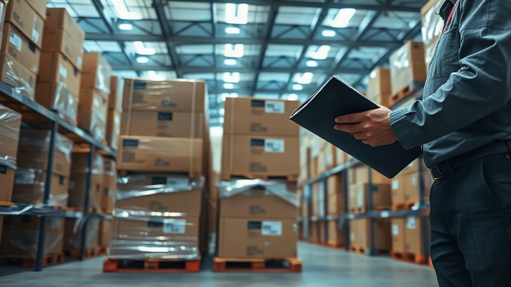 Wide shot of a modern logistics warehouse with stacked cardboard shipping cartons wrapped in clear plastic on pallets, a