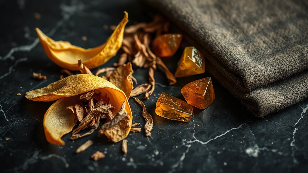 close-up of raw perfumery ingredients arranged on a dark marble surface — bergamot peels, cedarwood shavings, dried oud 