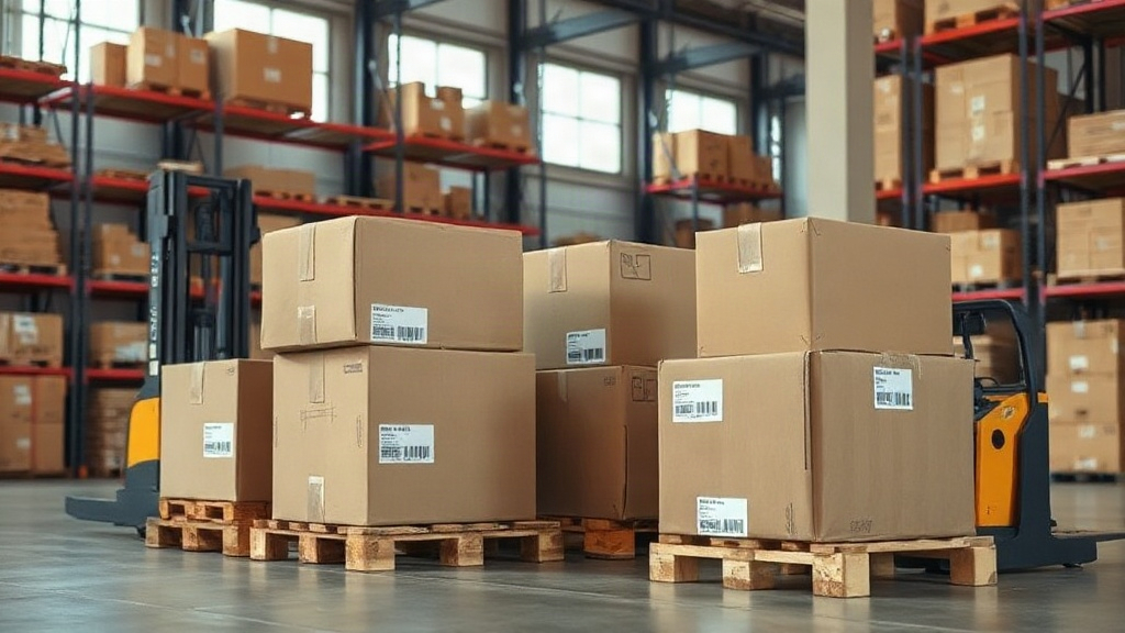 warehouse interior with stacked cardboard shipping boxes on wooden pallets, forklift pallet jack, barcode labels, indust