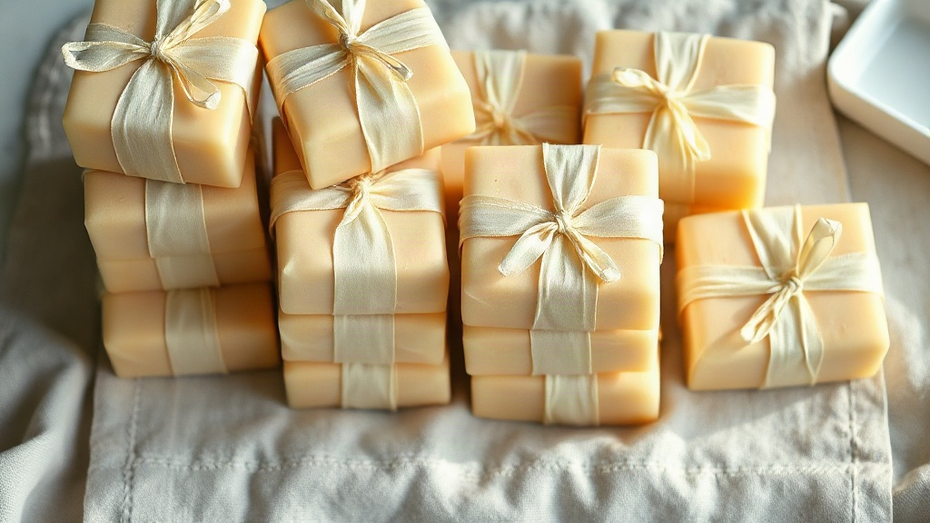 Stacked bars of artisanal perfumed soap wrapped in elegant cream paper bands, arranged in neat rows on a linen cloth, so