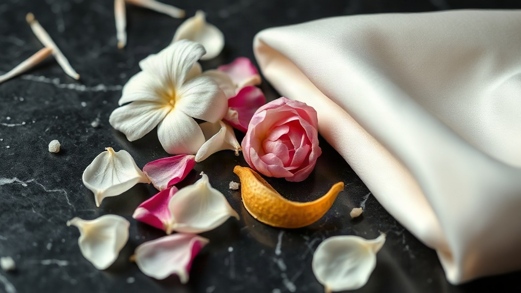 macro close-up of fresh jasmine and rose petals scattered beside bergamot peel and a swatch of ivory silk fabric on a da