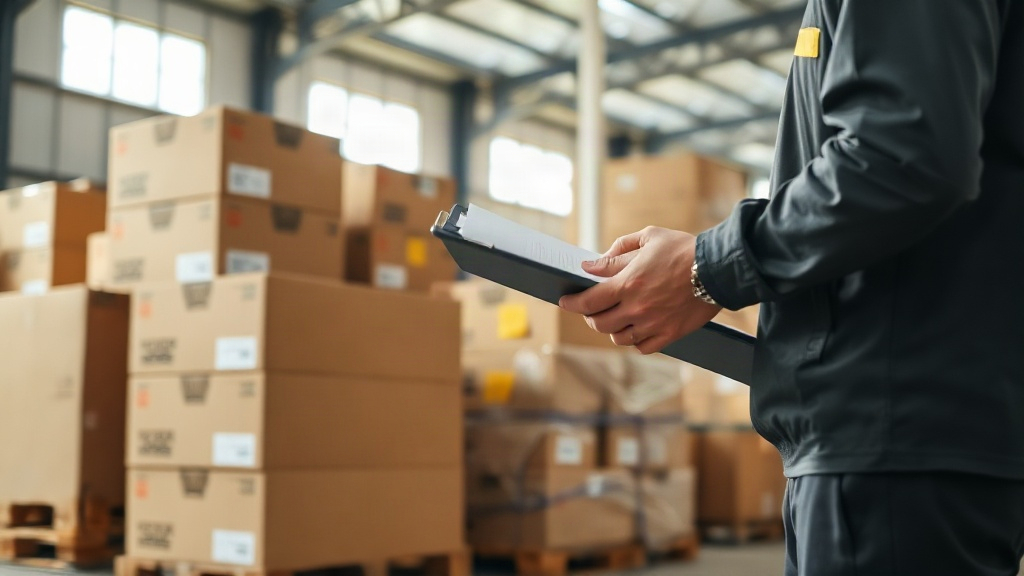 warehouse interior with stacked cardboard shipping cartons and wooden pallets, a worker's hand checking a clipboard