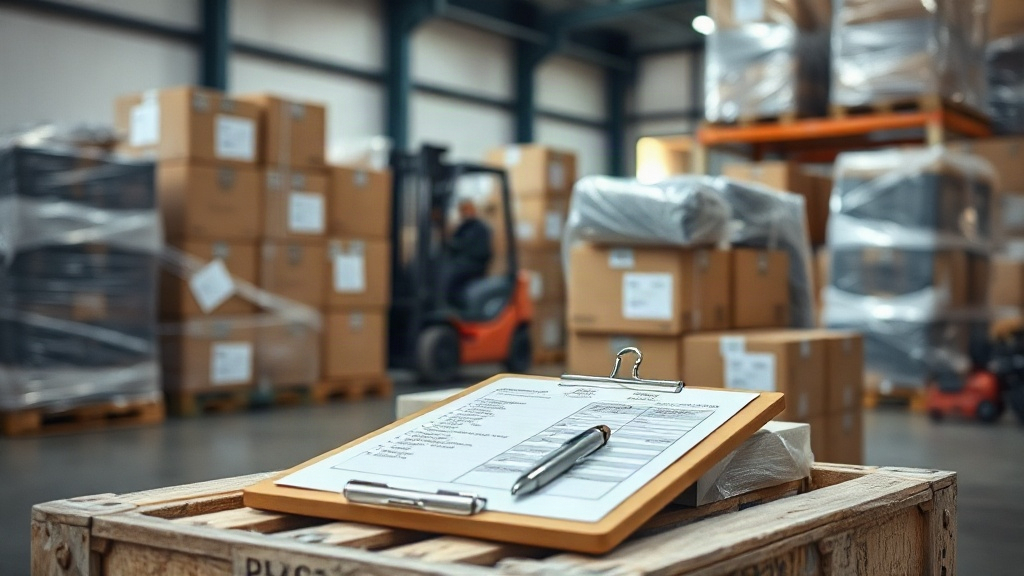 cargo boxes and wrapped pallets inside a logistics warehouse, forklift in the background, customs paperwork and shipping