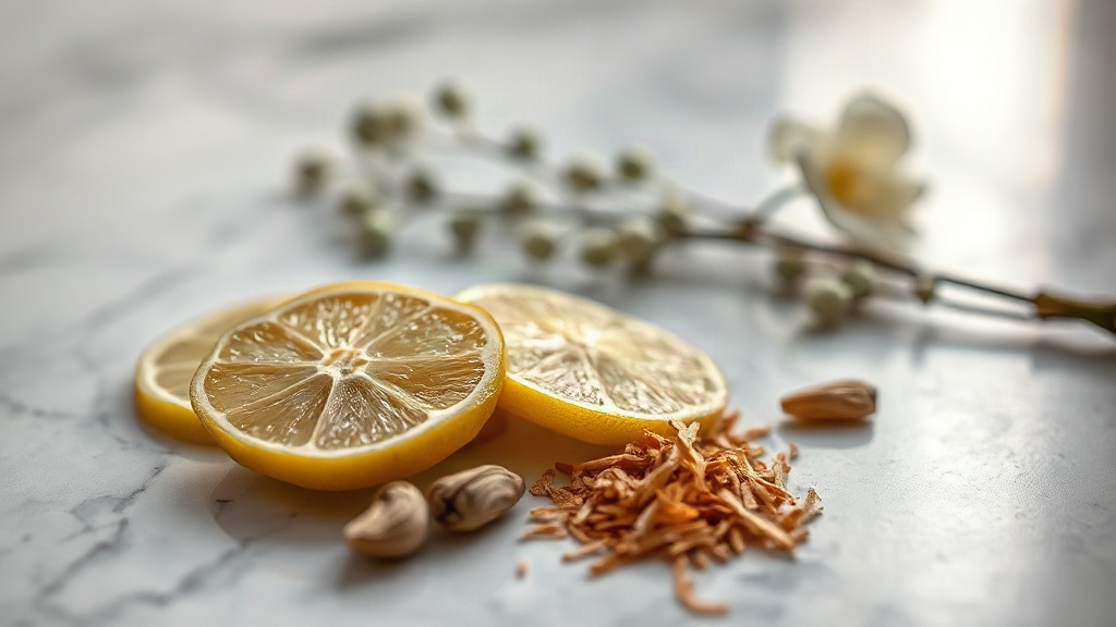 close-up of raw perfume ingredients arranged on a polished marble surface, fresh bergamot slices, cardamom pods, a sprig