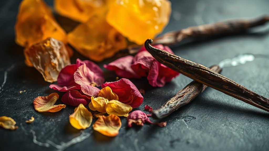 Close-up macro photograph of raw perfumery ingredients arranged on a dark marble surface: amber resin chunks, dried rose