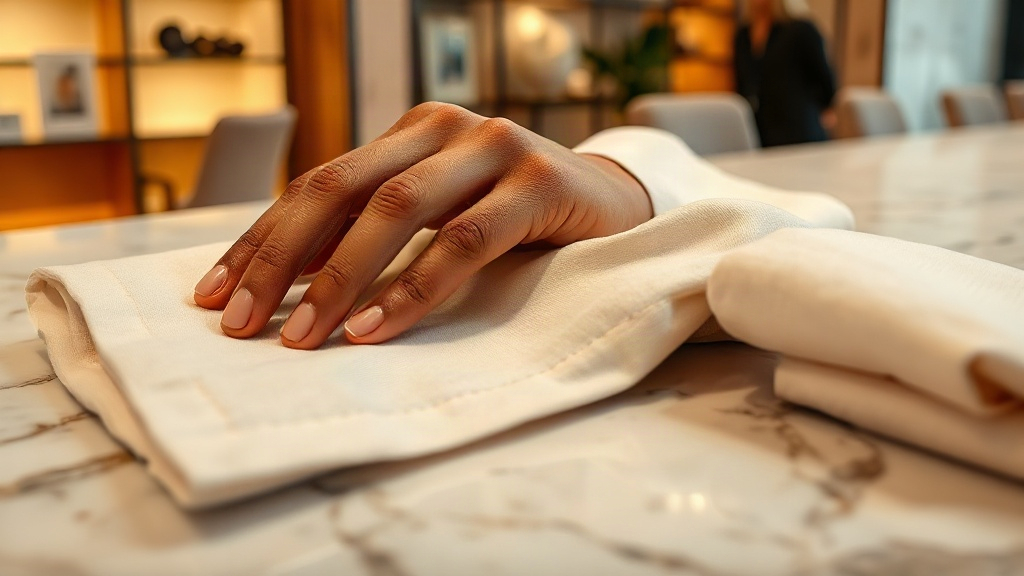 Close-up of a hand resting on a folded cream linen fabric next to a polished marble display surface, soft warm boutique
