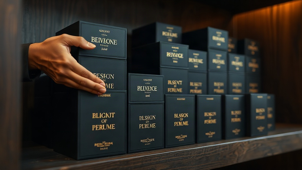elegant black perfume packaging boxes with gold foil lettering stacked neatly on a dark wooden shelf, a hand adjusting o